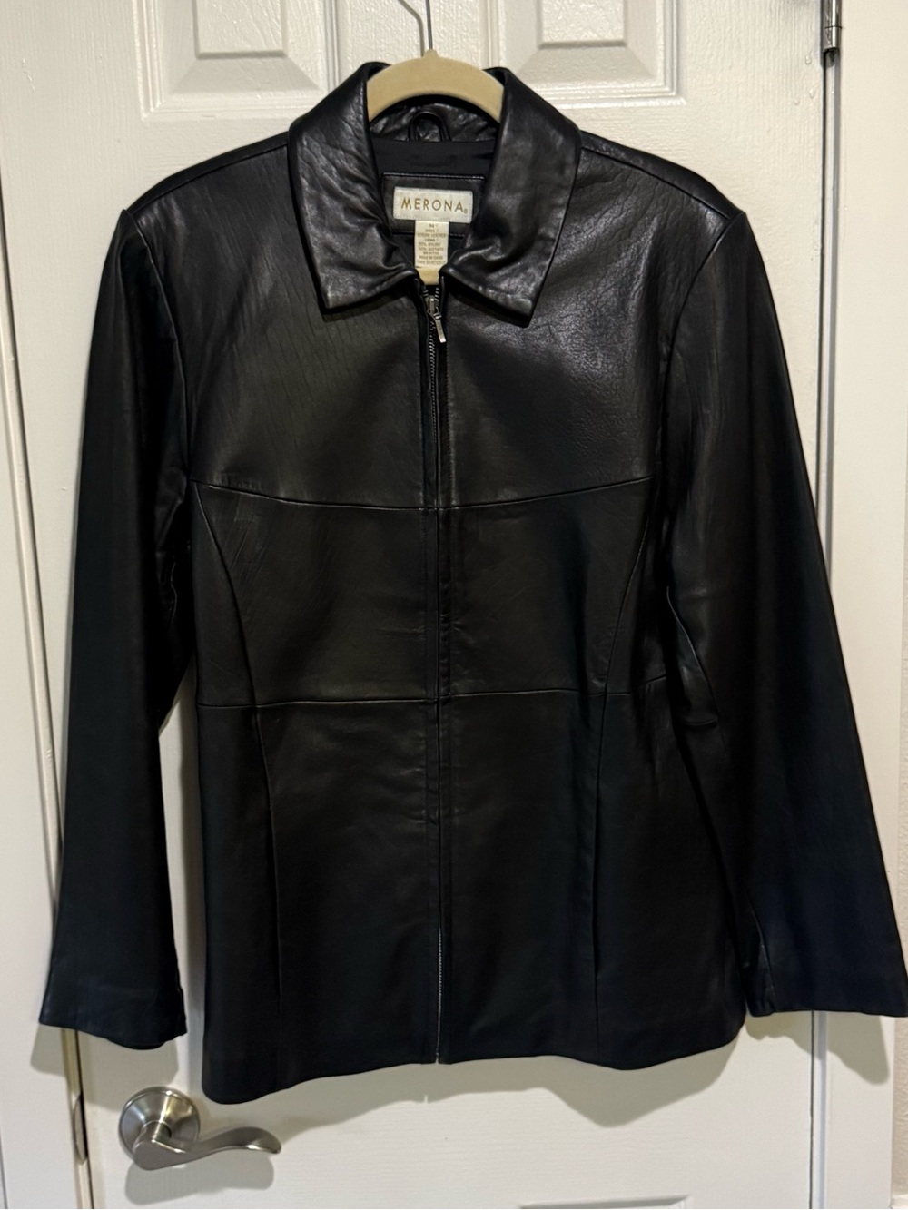 Merona Black Leather Zip Jacket with Classic Collar